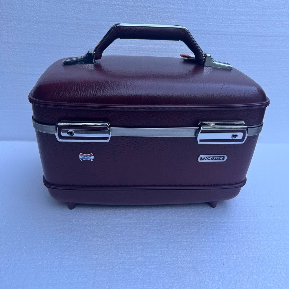 Vintage American Tourister Tiara Train Case Burgundy Hardshell Vanity Makeup Bag